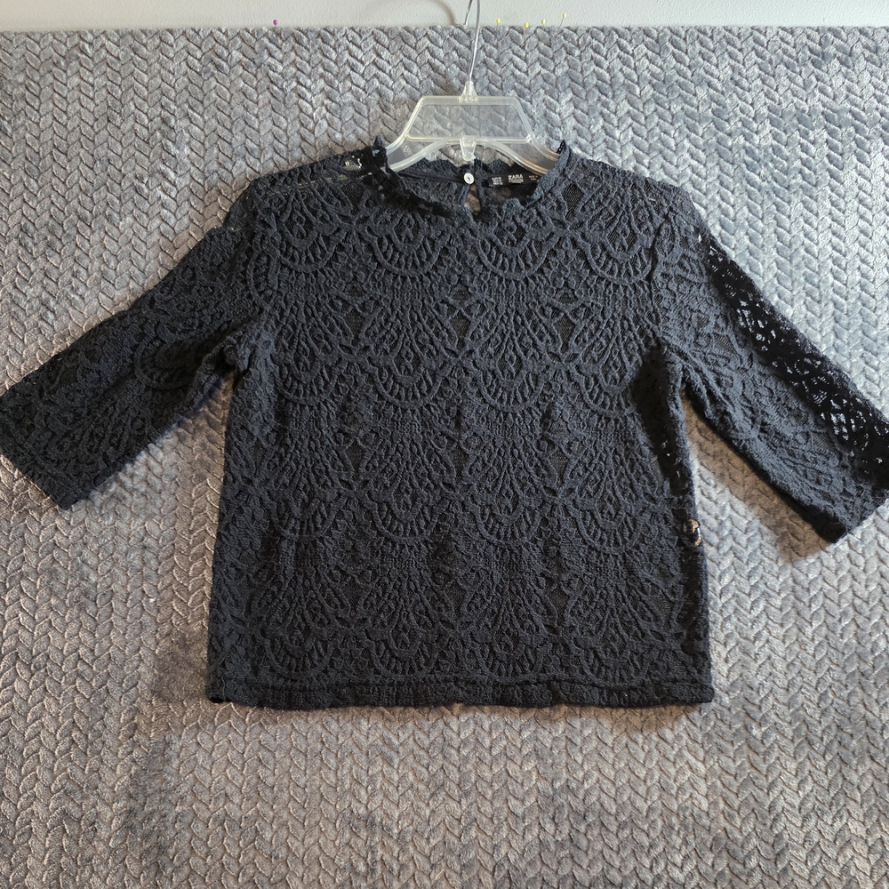 Zara Women’s Black Lace Short Sleeves Blouse Sz Medium Boho Cottage core Classic
